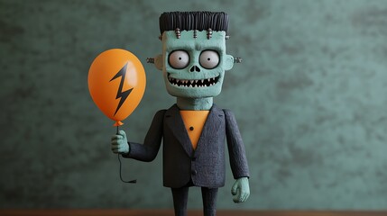 Charming 3D Frankenstein Monster Character Holding an Orange Balloon with Lightning Symbol, Perfect for Halloween Themes, Illustrations, and Creative Projects