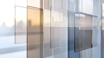 Abstract overlapping glass panels, various tones, city background.