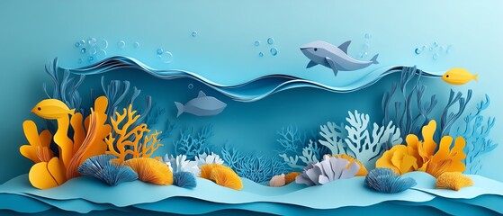Ocean ecosystems in paper art, with clean oceans, coral reefs, and diverse marine life, representing World Oceans Day and World Environment Day, vibrant and ecofriendly details