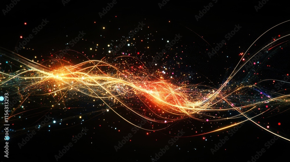 Poster abstract golden and red light trails with sparkling particles on black background - dynamic energy a