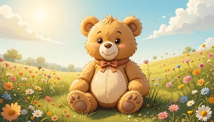 Endearing Teddy Bear with Classic Charm, Cartoon-Style Illustration in Nature