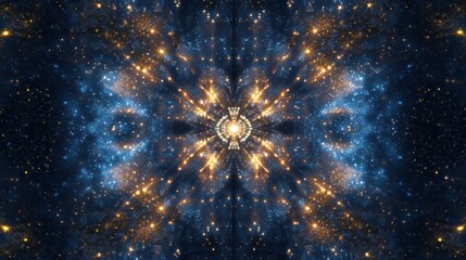 Stunning Kaleidoscopic Nebula Cosmic Galaxy Background with Blue and Gold Stars, Fractal Art