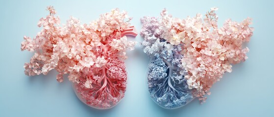 Fototapeta premium Pastel floral lungs, symbolizing World Tuberculosis Day and quitting smoking, soft colors and detailed flowers, generative AI artwork, health awareness concept