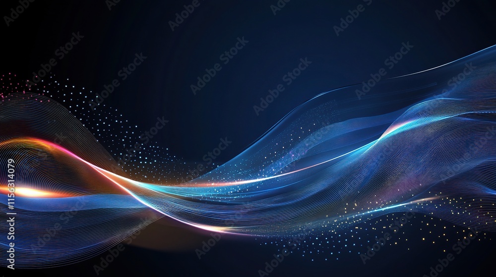 Poster flowing gradient waves of lines on a blue and navy background