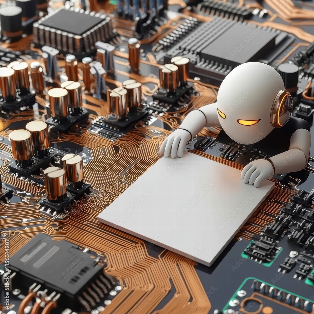 Poster robot with white tablet on computer circuit board background