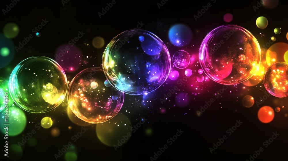 Poster vibrant rainbow bubbles with glowing particles abstract background image for design projects