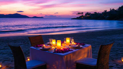 Obraz premium Romantic Candlelit Beach Dinner at Sunset
