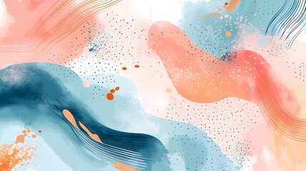Fototapeta premium Abstract watercolor painting featuring flowing organic shapes in peach and blue tones with dotted accents