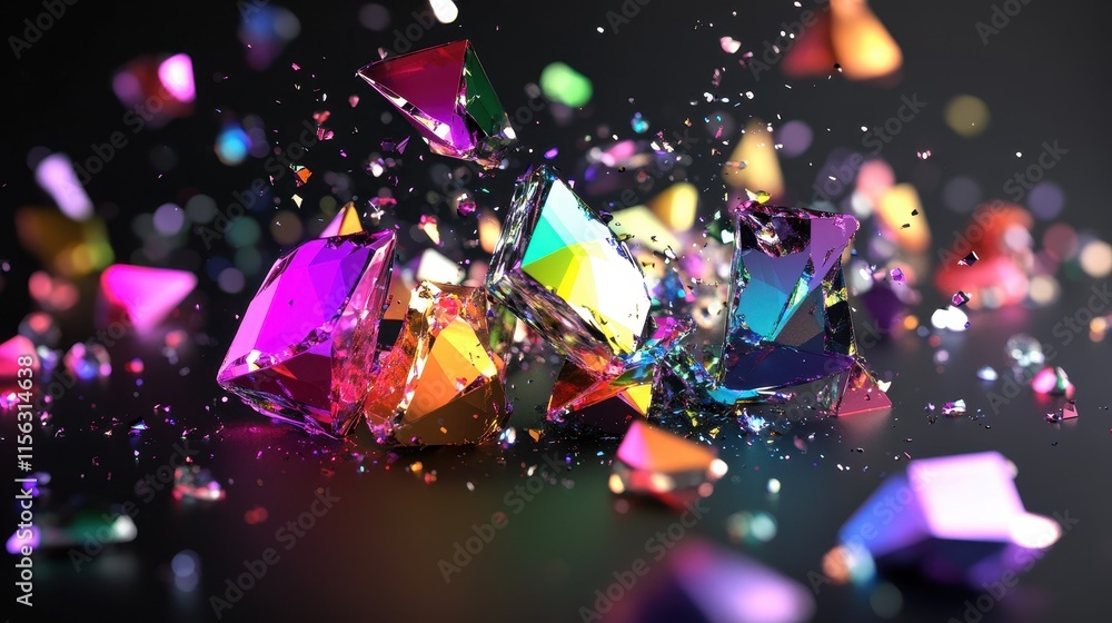 Poster exploding rainbow gemstones vibrant 3d render of shattering crystal fragments on dark background