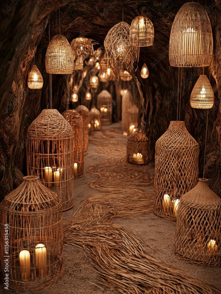 Poster serene pathway of illuminated lanterns in a natural cave setting
