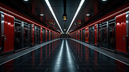 Vibrant Long Red Train Chugging Through Scenic Landscape Surrounded By Lush Greenery and Clear Blue Skies Evoking A Sense of Adventure and Freedom