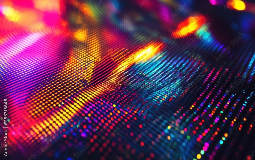 Poster Abstract Vibrant LED Light Display Colorful Bokeh Background Texture with Dynamic Lines and Bright Pixels