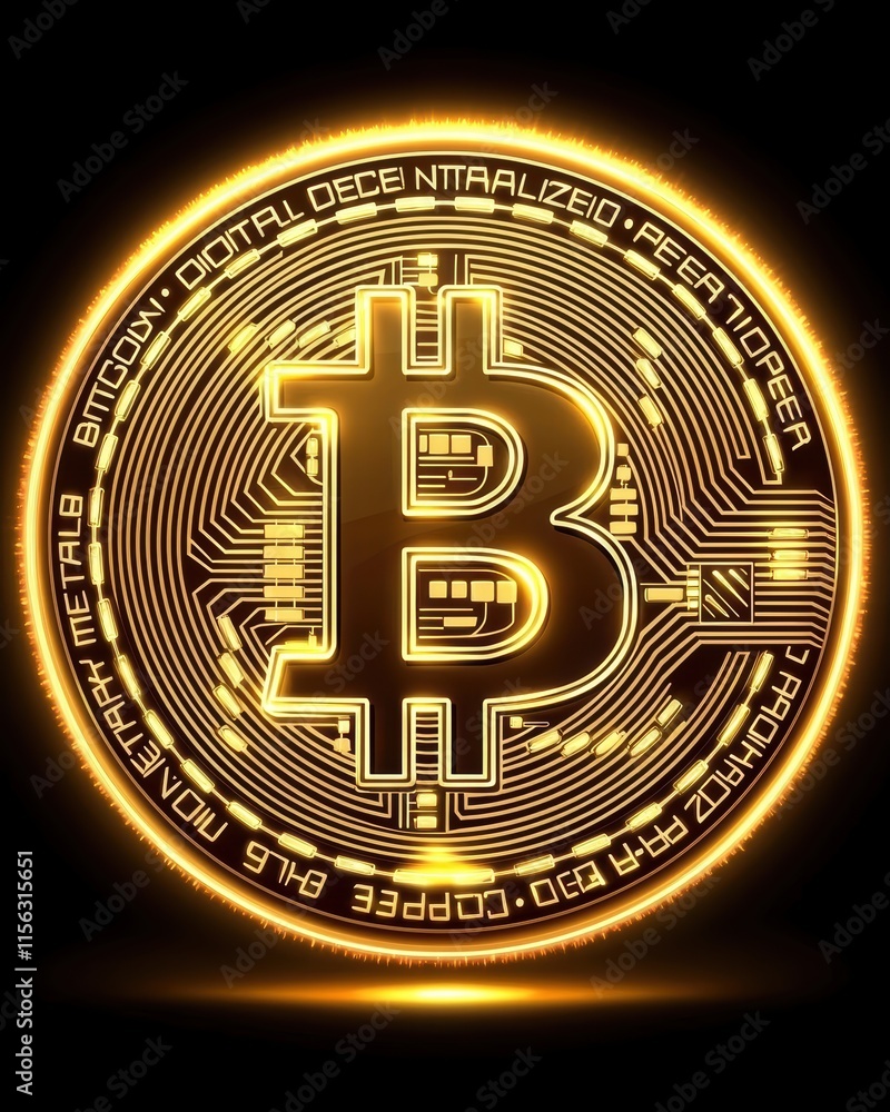 Poster golden bitcoin symbol with circuit design on dark background
