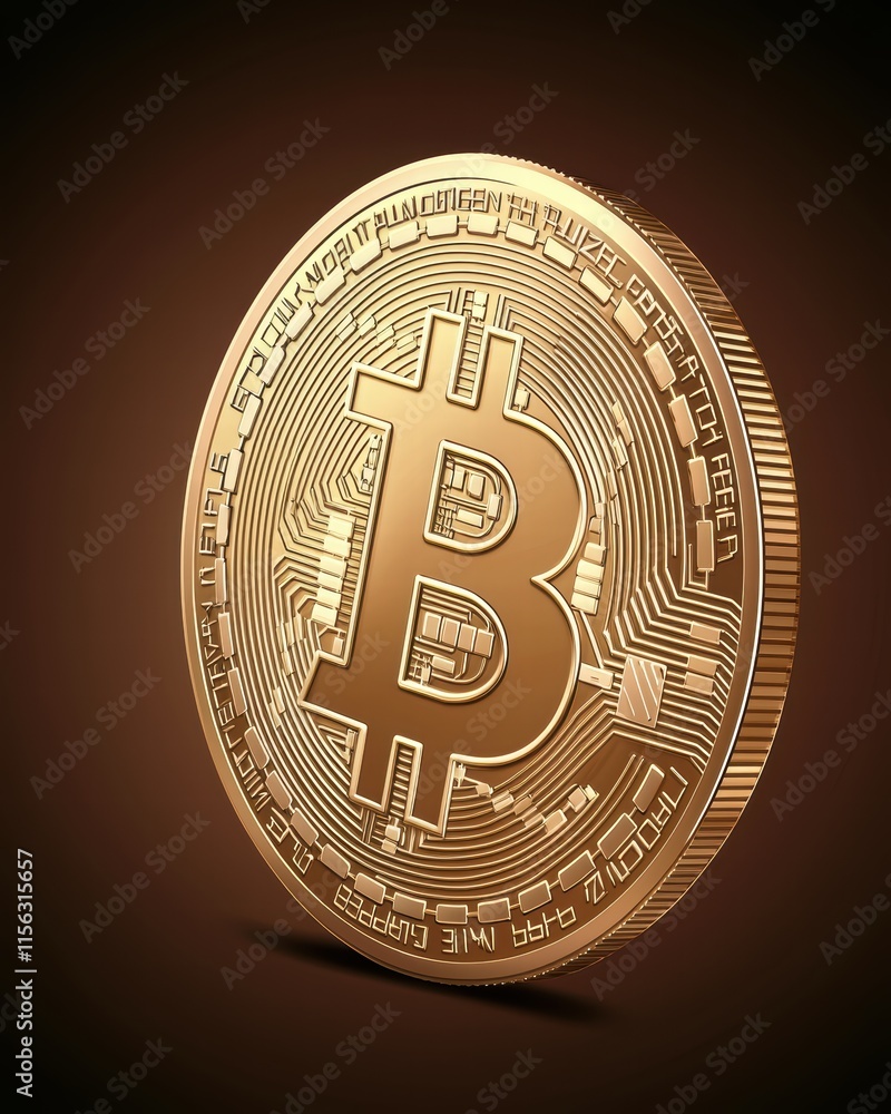 Poster realistic golden bitcoin coin with intricate design on brown background