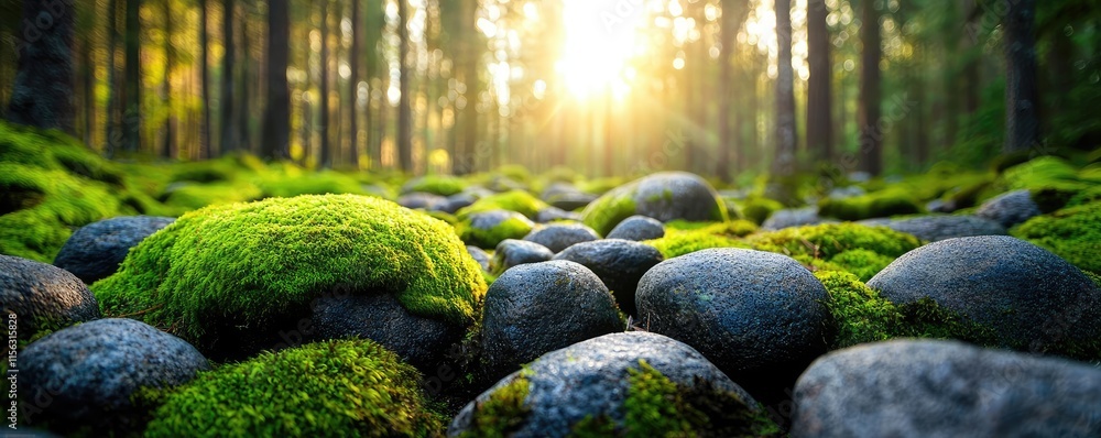 Poster Moss forest concept. Sunlight filtering through trees, illuminating moss-covered stones in a serene forest.