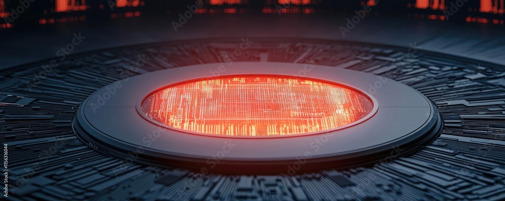 Fototapete Operation center idea. Futuristic interface with glowing red elements and intricate circuitry design.
