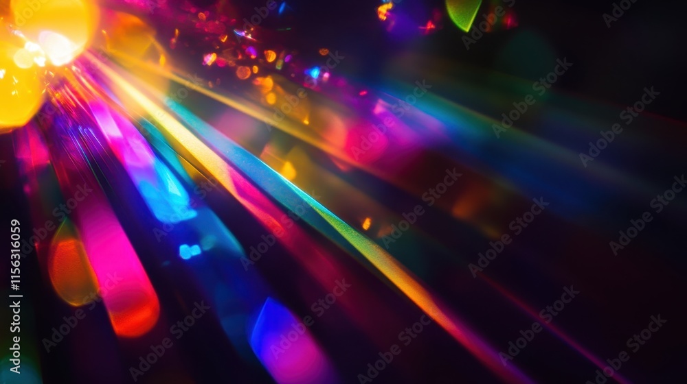 Poster vibrant rainbow light rays and bokeh abstract background colorful prismatic flare effect for design