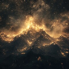 Naklejka premium Glowing Celestial Mountains A Breathtaking Digital Art Landscape of Starry Night and Illuminated Peaks.