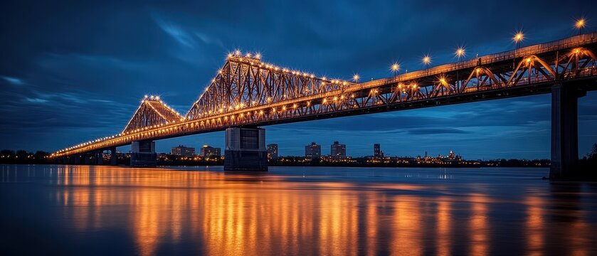 Stunning Night View of the Illuminated Jacques Cartier Bridge in Montreal, Quebec, Canada, Reflecting on the Calm Waters of the St. Lawrence River