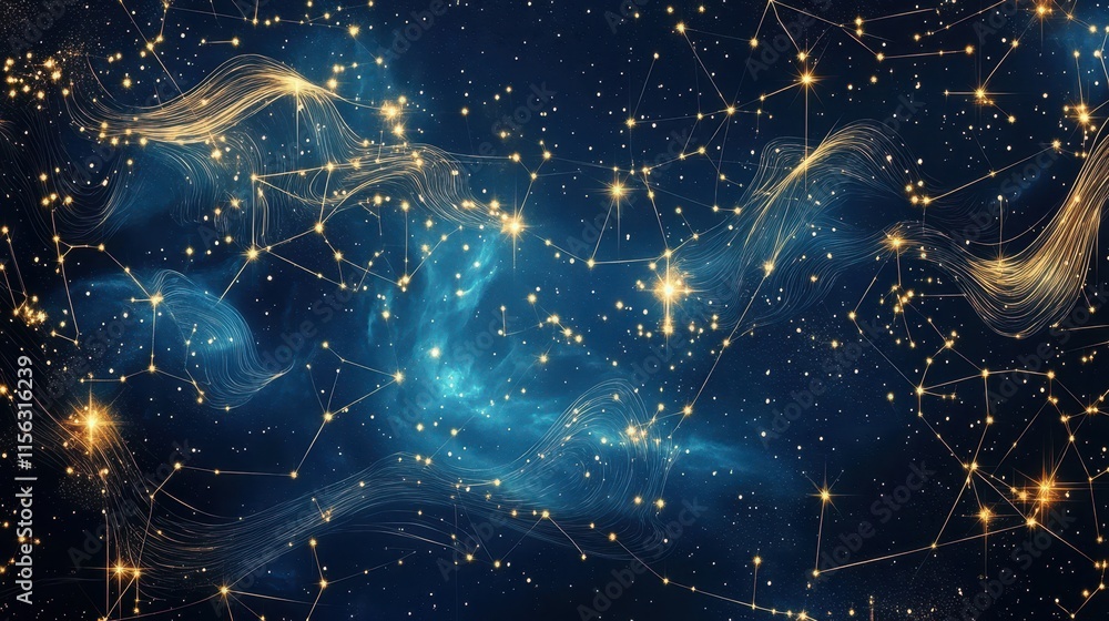 Poster celestial network abstract golden lines and stars on deep blue nebula background - cosmic connection