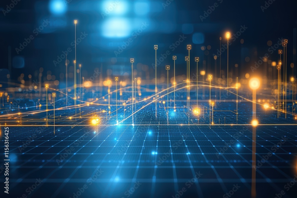 Poster digital data visualization with glowing lines and dots background