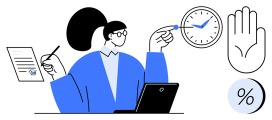 Businesswoman with ponytail managing tasks on laptop, holding pen near paper, setting clock, stop hand gesture, analyzing percentage. Ideal for productivity, time management, business strategy