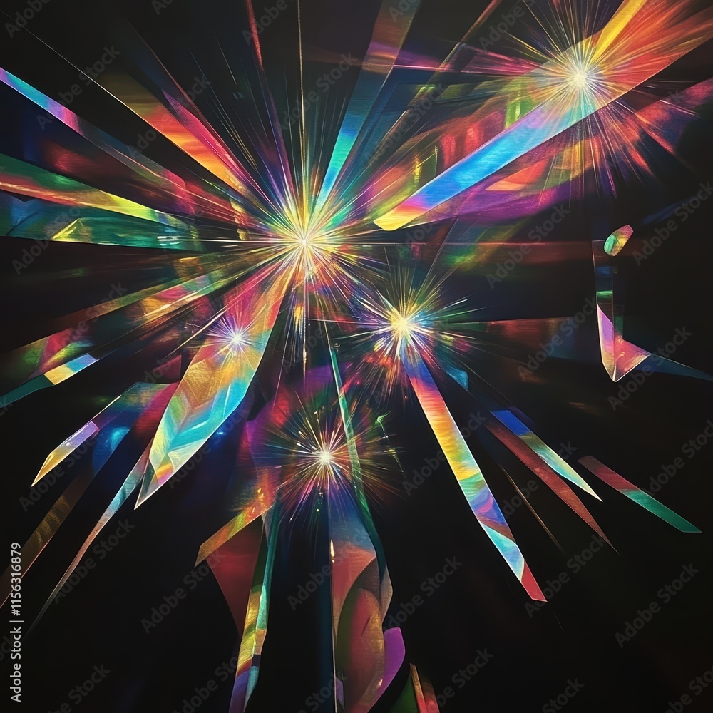 Poster vibrant prismatic explosion abstract art featuring multicolored light rays and geometric shapes