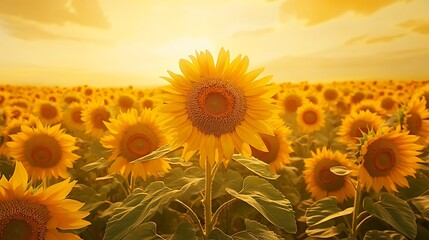 Fototapeta premium vibrant, high resolution photograph featuring a field of sunflowers under a golden sunset centered on a single sunflower in the foreground 