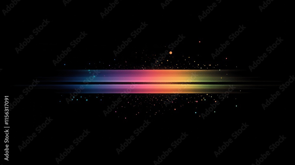 Poster Abstract Rainbow Light Streaks on Black Background Colorful Glowing Lines with Sparkle Effect for Design Projects