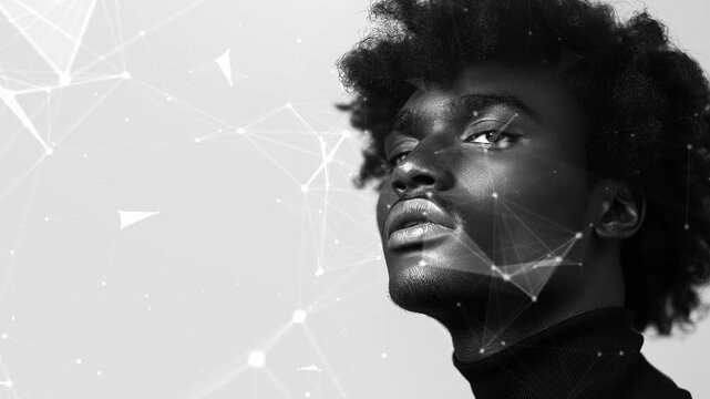 Copy-space for text. Minimalistic background. Black male model thin aquiline nose long curly hair. Black man. Wow trends. Fashion. Elegant man. A seductive guy. Fatal man. Generate AI.