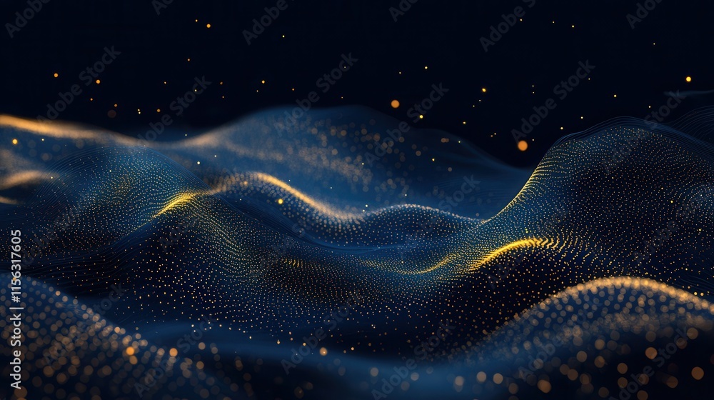 Poster abstract dark blue and gold particle wave background luxurious digital texture for design projects