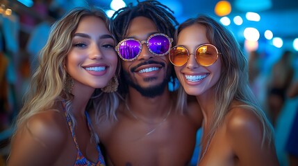 Happy friends smiling wearing stylish sunglasses