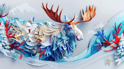 Paper Craft of Moose Roaming the Mountain in Winter Side View