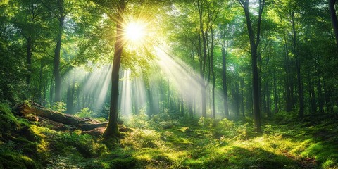 Obraz premium Enchanting Forest Scene with Sunlight Rays Dancing Through Green Leaves, Illuminating Nature's Beauty and Serenity in a Magical Environment