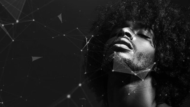 Copy-space for text. Minimalistic background. Black male model thin aquiline nose long curly hair. Black man. Wow trends. Fashion. Elegant man. A seductive guy. Fatal man. Generate AI.