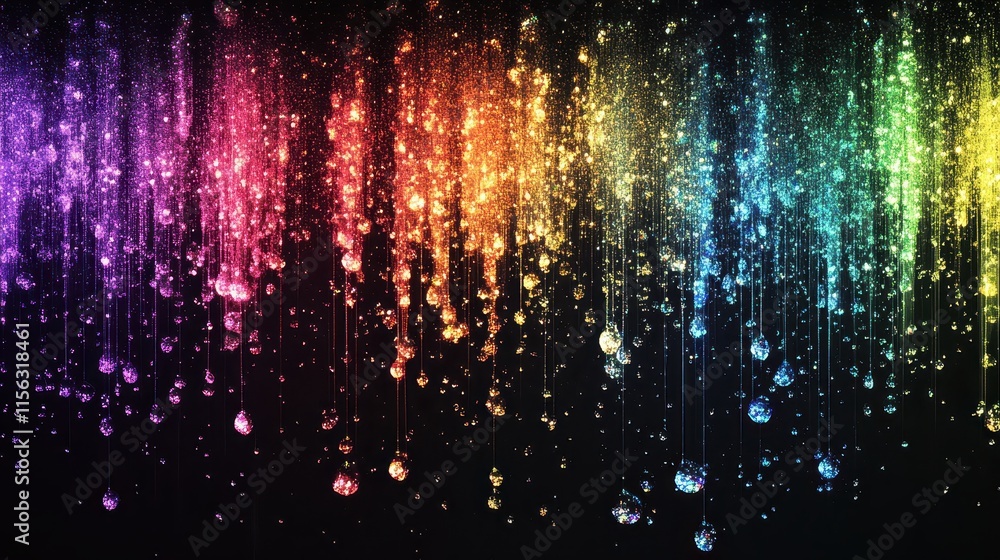 Poster sparkling rainbow glitter rain background abstract colorful shimmering texture with hanging glowing 