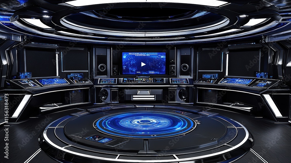 Poster futuristic control room with high-tech displays and interface design