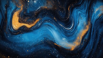 Obraz premium Abstract Cosmic Nebula Swirling Blue and Gold Glitter Acrylic Pour Painting Texture