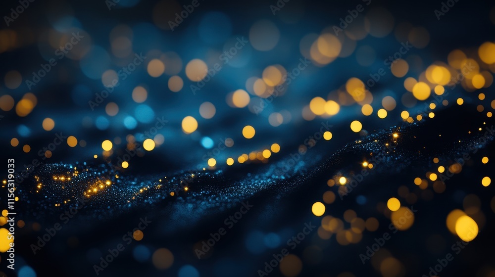 Poster abstract blue and gold bokeh background sparkling glittering texture with shimmering lights for desi