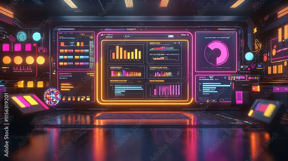 Poster Futuristic control room with vibrant digital displays showing data analytics and graphs.