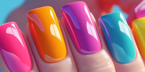 Vibrant, glossy nails showcasing a spectrum of bright colors; perfect for beauty, fashion, and summer themes.  Ideal for websites, blogs, and social media.