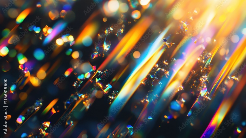 Poster abstract vibrant rainbow light streaks and bokeh background sparkling crystal texture with prismatic