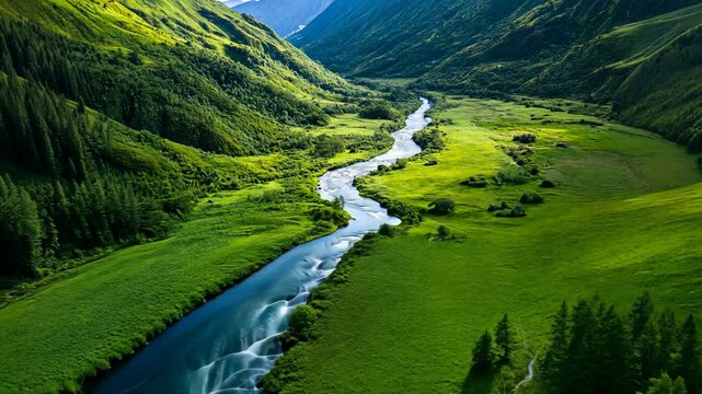 aerial view, drone view of green pasture at valley with long river flow 