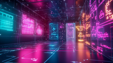 Obraz premium Floating mathematical formulas and graphs in a futuristic digital environment, glowing holograms