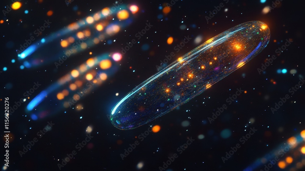 Poster luminous capsule in cosmic dust abstract background with glowing particles and bokeh lights