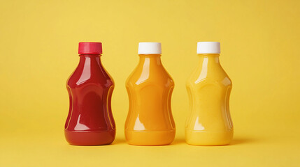 Brightly colored condiment bottles on a vibrant yellow background. 