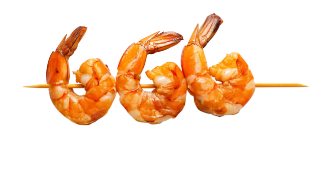 Roasted peeled prawn with skewer, Grilled shrimp on white background isolated on transparent background Remove png, Clipping Path, pen tool