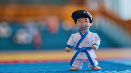 Blue belt Taekwondoin figurine in martial arts stance in competition venue ready for grading examination