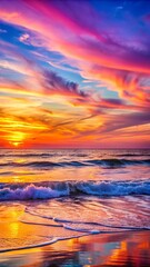 Fototapeta premium Mesmerizing ocean sunset wallpaper background showcasing dynamic skies and soothing reflections