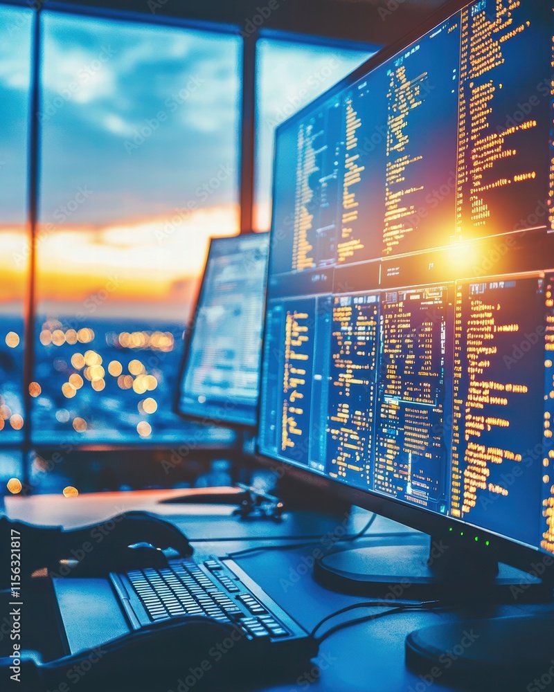 Poster modern computer setup with code display and sunset view